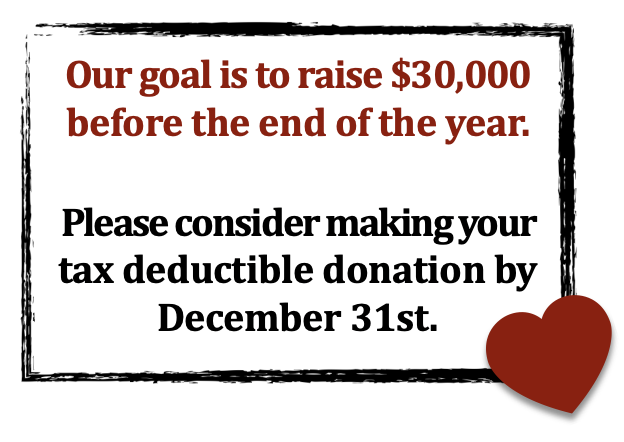 Our goal is to raise $30,000 before the end of the year.   Please consider making your tax deductible donation by December 31st.